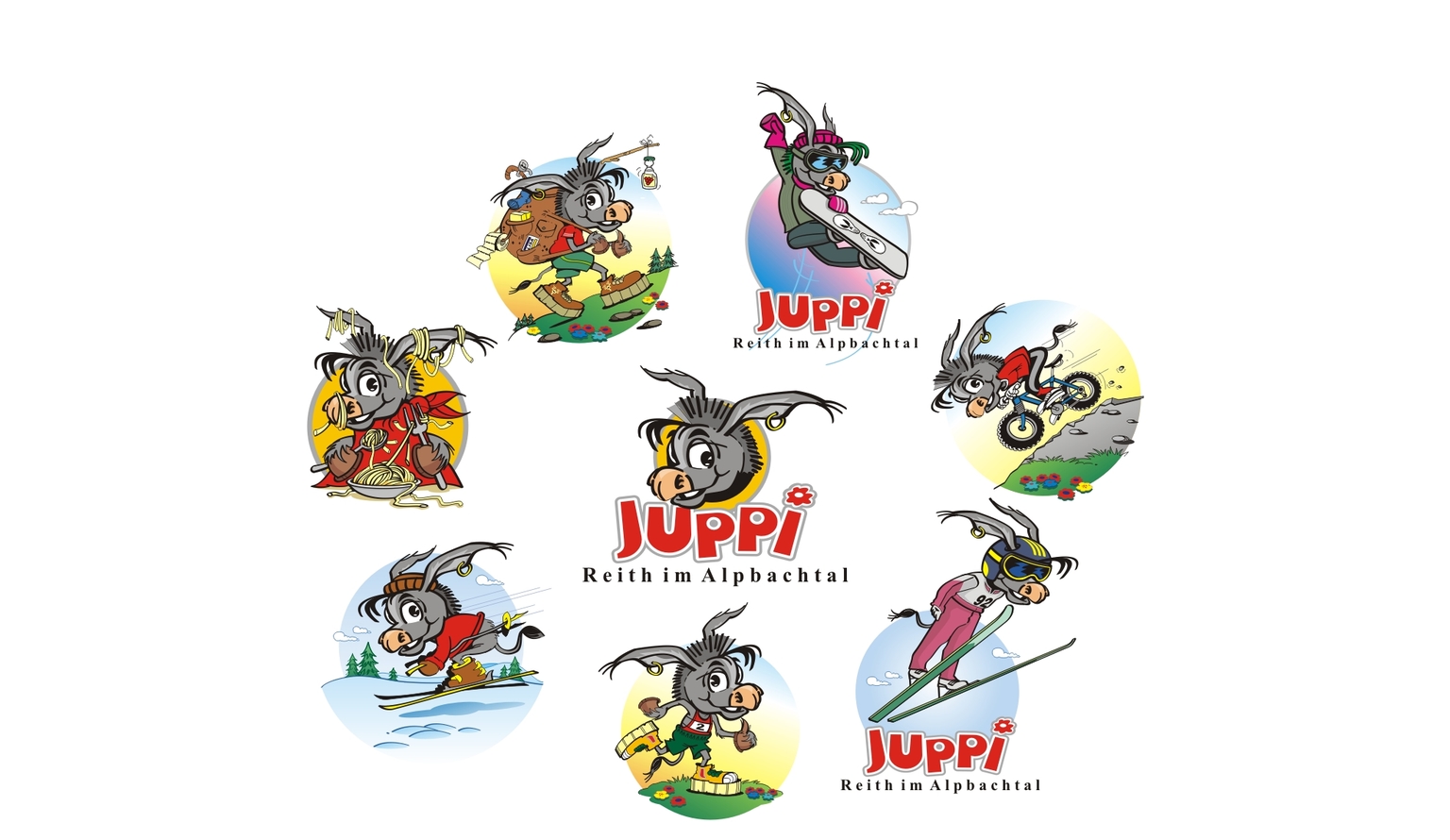 Maskottchen Juppi in verschiedenen Mutationen für TVB Reith im Alpbachtal Tirol