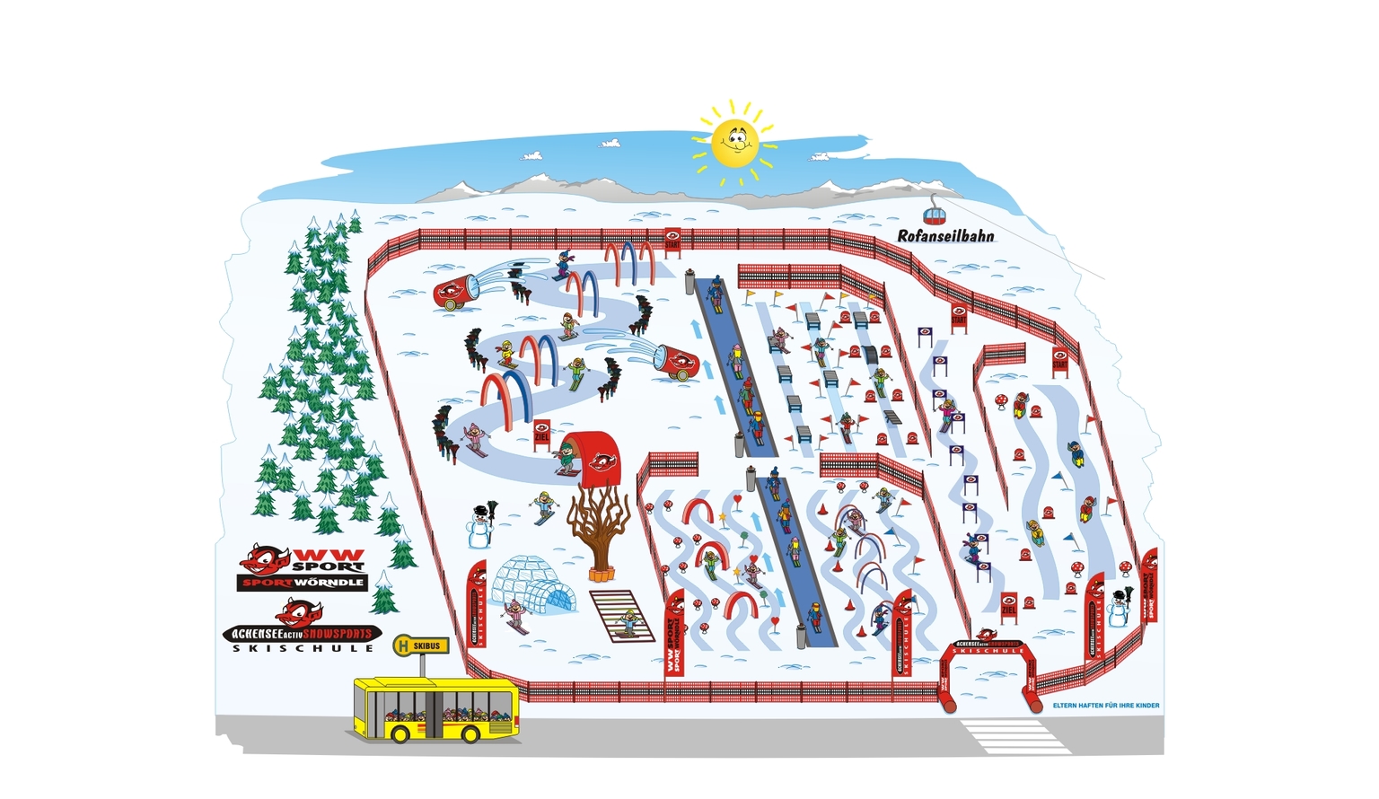 Individuelle Gestaltung und Maskottchen für Skischulen wie zum Beispiel Skiplan und vieles mehr